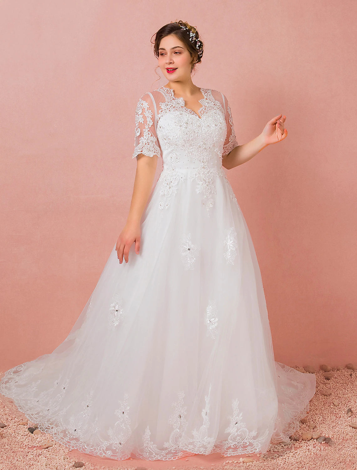 Wholesale Hall Wedding Dresses A-Line V Neck Half Sleeve Cathedral Train Satin Bridal Gowns With Lace Crystals Summer Wedding Party