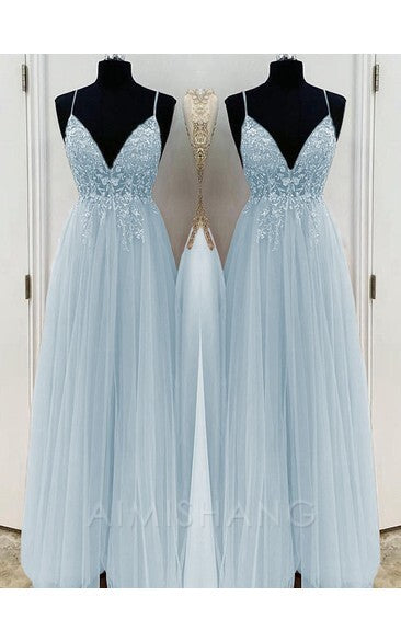 Aimishang A-Line Elegant Beading Tulle Spaghetti Straps Sleeveless Floor-Length Prom Dresses