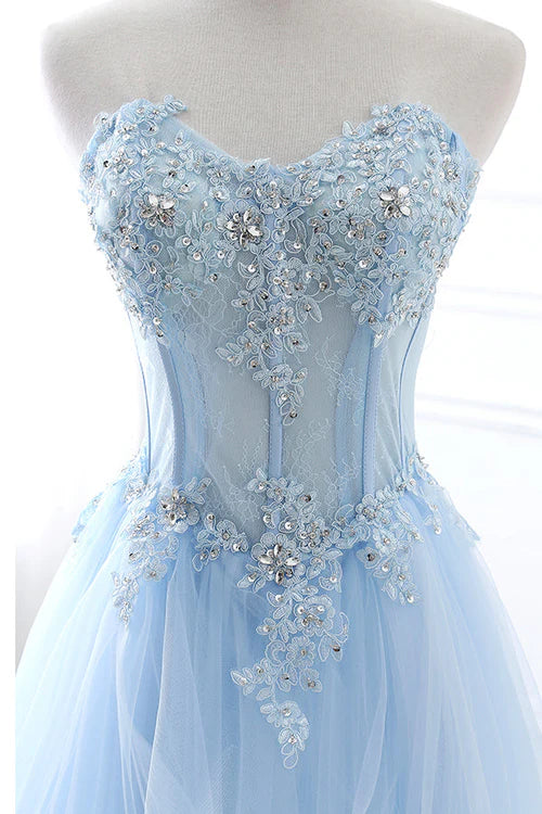 Wholesale Fashion Light Blue Evening Dress Beaded Long Prom Dress