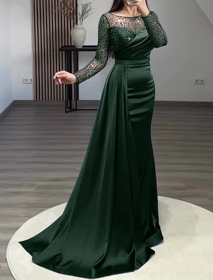 Aimishang Mermaid Dress Evening Gown Red Green Dress Formal Wedding Guest Court Train Long Sleeve Jewel Neck Charmeuse with Ruched Pearls Sequin