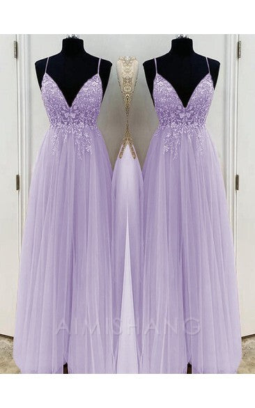 Aimishang A-Line Elegant Beading Tulle Spaghetti Straps Sleeveless Floor-Length Prom Dresses