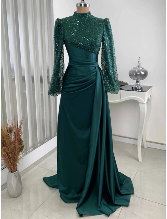 Wholesa A-Line Evening Gown Champagne Christmas Elegant Dress Formal Sweep / Brush Train Long Sleeve High Neck Satin with Glitter Pleats Ruched