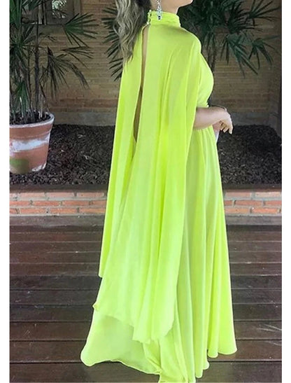 Wholesa A-Line Evening Gown Elegant Dress Formal Wedding Guest Floor Length Sleeveless High Neck Capes Chiffon with Ruched