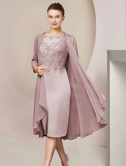 Wholesa Two Piece Sheath / Column Mother of the Bride Dress Formal Wedding Guest Elegant Scoop Neck Knee Length Chiffon Lace Half Sleeve Jacket Dresses with Appliques