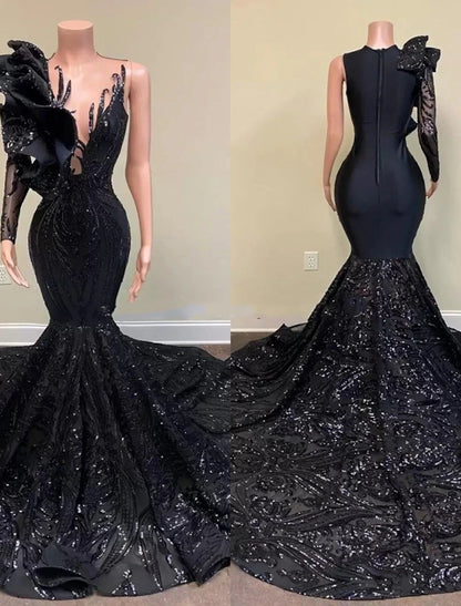 wholesale  Mermaid / Trumpet Evening Gown Floral Dress Formal Chapel Train Long Sleeve One Shoulder African American Sequined with Sequin