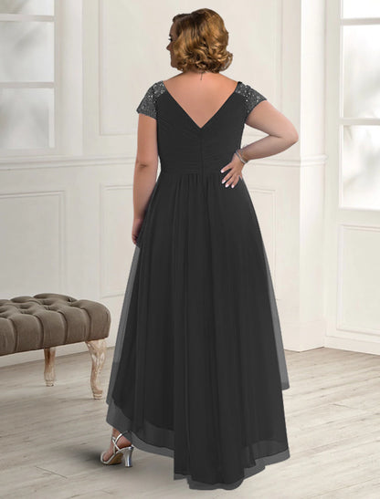 Wholesa  A-Line Mother of the Bride Dress Plus Size Elegant High Low V Neck Asymmetrical Floor Length Chiffon Short Sleeve with Pleats Beading