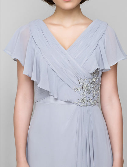 wholesale  A-Line Mother of the Bride Dress Elegant V Neck Floor Length Chiffon Sleeveless No with Criss Cross Crystals