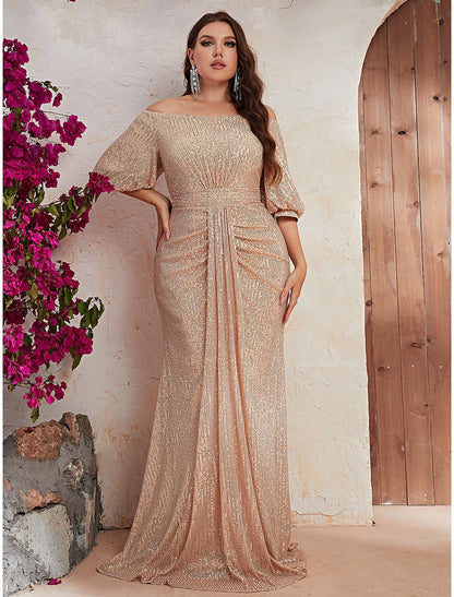 Wholesa  A-Line Wedding Guest Dresses Sparkle Plus Size Dress Sequin Formal Evening Party Dress Floor Length Long Sleeve Off Shoulder