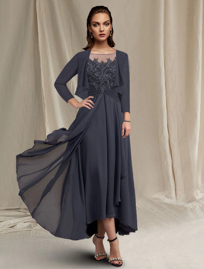 Wholesa Two Piece A-Line Mother of the Bride Dress Elegant High Low Jewel Neck Asymmetrical Tea Length Chiffon Lace 3/4 Length Sleeve Wrap Included with Sequin Appliques