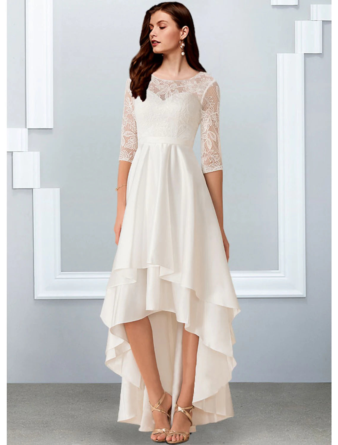 Wholesale Reception Little White Dresses Wedding Dresses A-Line Illusion Neck Half Sleeve Asymmetrical Chiffon Bridal Gowns With Cascading Ruffles 2023 Summer Wedding Party