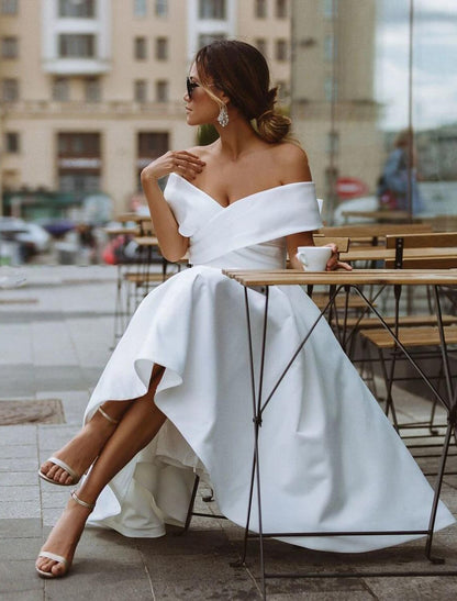 Wholesa Simple Wedding Dresses Satin Little White Dresses A-Line Off Shoulder Formal Short Sleeve Tea Length Bridal Gowns With Solid Color