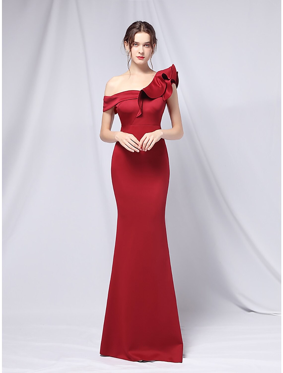 Wholesa Mermaid Party Dress Evening Gown Empire Dress Wedding Guest Formal Evening Floor Length Short Sleeve One Shoulder Stretch Satin with Ruffles