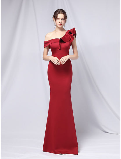 Wholesa Mermaid Party Dress Evening Gown Empire Dress Wedding Guest Formal Evening Floor Length Short Sleeve One Shoulder Stretch Satin with Ruffles