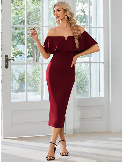 Wholesale Sheath / Column Wedding Guest Dresses Minimalist Dress Party Wear Tea Length Short Sleeve Off Shoulder Stretch Fabric with Slit Pure Color