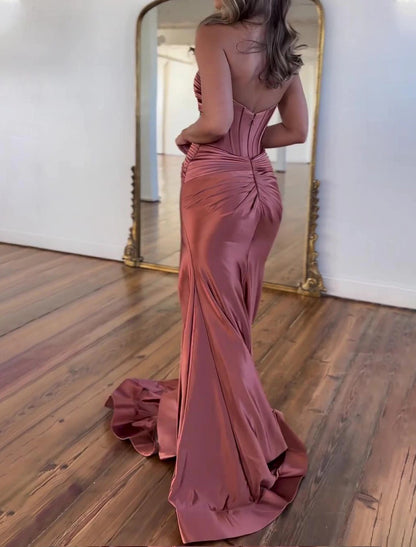 Wholesa A-Line Prom Dresses Elegant Dress Formal Floor Length Sleeveless Strapless Satin with Ruched Slit Sexy Evening Dress