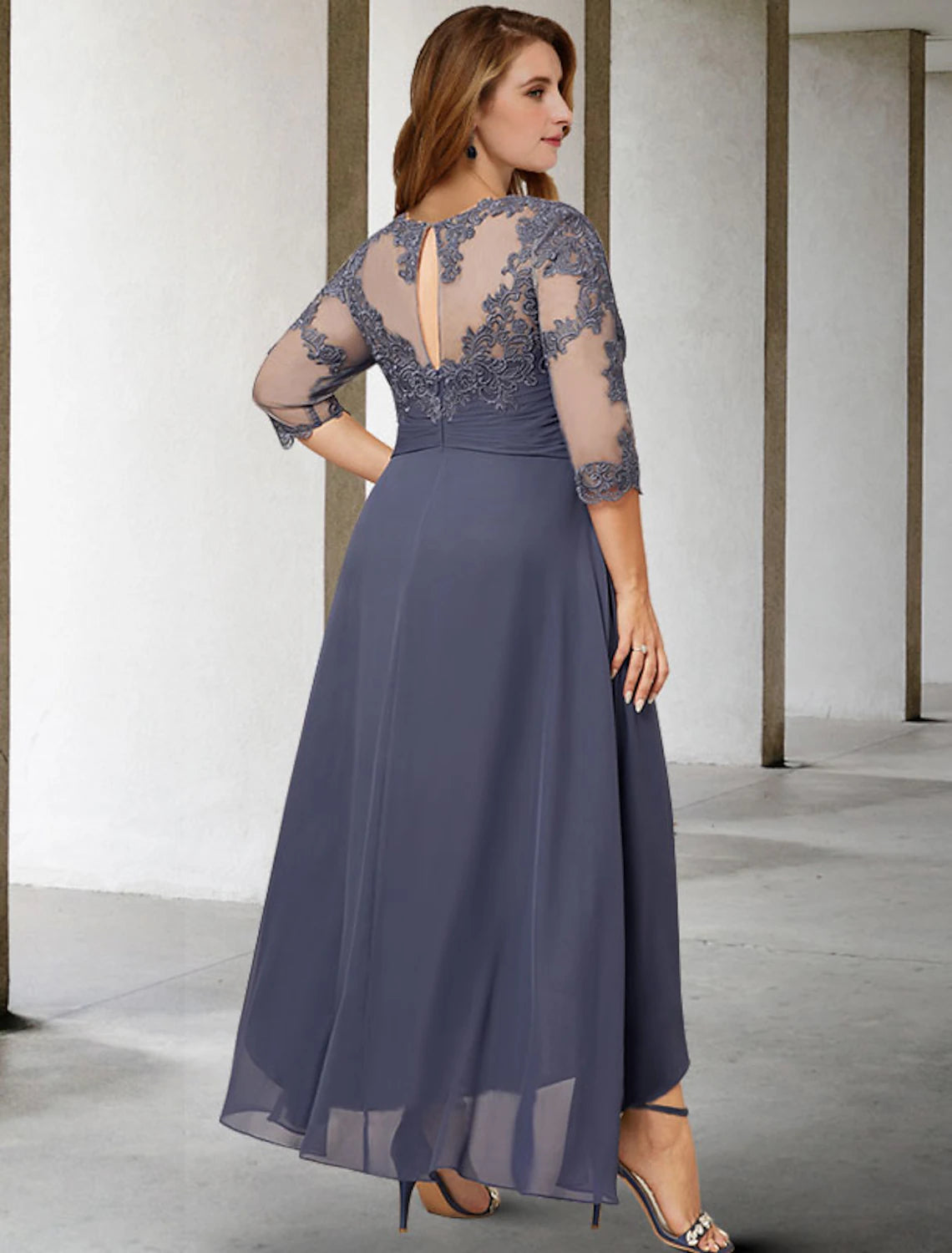 Wholesa A-Line Mother of the Bride Dresses Plus Size Hide Belly Curve Elegant Fall Wedding Guest Dress Formal Asymmetrical 3/4 Length Sleeve Jewel Neck Chiffon with Pleats Ruched Appliques