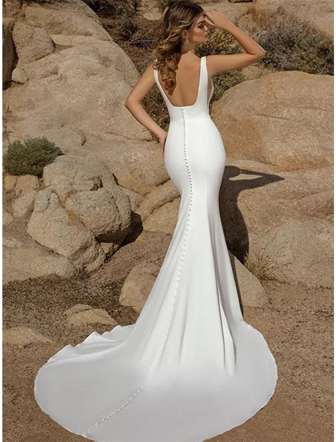 Wholesale Beach Open Back Casual Wedding Dresses Mermaid / Trumpet Square Neck Sleeveless Court Train Stretch Fabric Bridal Gowns With Buttons Solid Color Summer Wedding Party