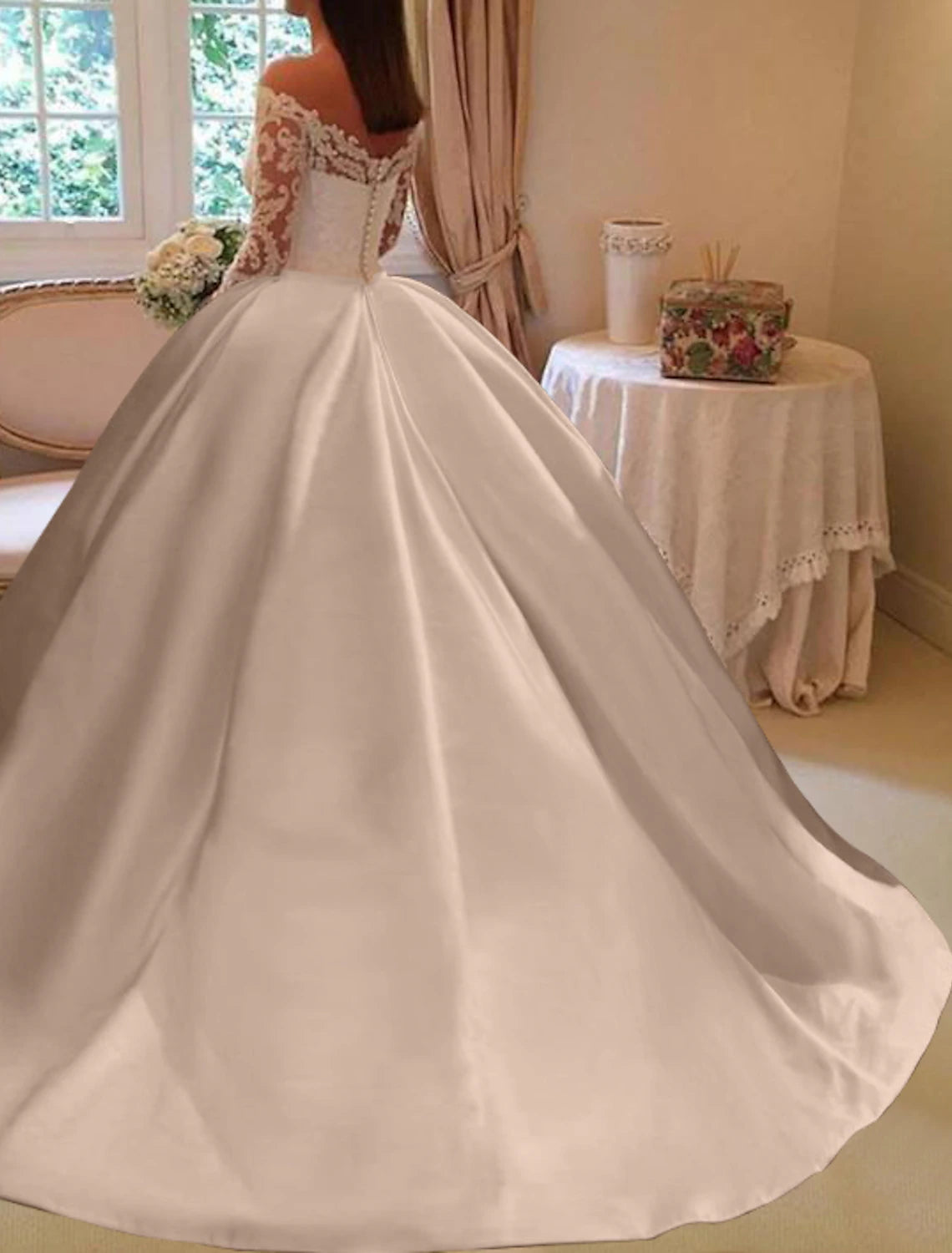 Wholesa Engagement Formal Fall Wedding Dresses Ball Gown Off Shoulder Long Sleeve Chapel Train Satin Bridal Gowns With Appliques Solid Color Summer Wedding Party, Women‘s Clothing