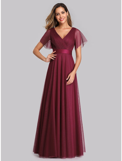 wholesale  A-Line Empire Wedding Guest Prom Dress V Neck V Back Short Sleeve Floor Length Chiffon with Pleats Ruched