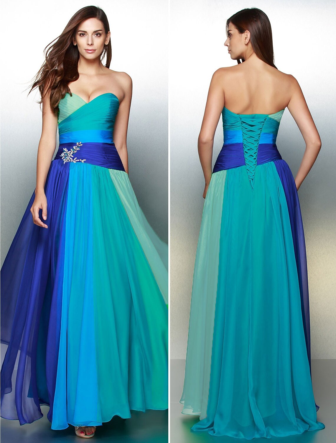 Wholesale A-Line Color Block Dress Wedding Guest Floor Length Sleeveless Sweetheart Chiffon Backless with Ruched Crystals