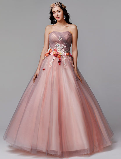 Wholesa Ball Gown Floral Formal Evening Dress Strapless Sleeveless Floor Length Tulle with Pleats Flower