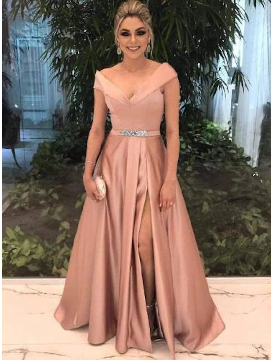 wholesale A-Line Elegant Prom Formal Evening Valentine's Day Dress Off Shoulder Short Sleeve Sweep / Brush Train Satin with Split Front