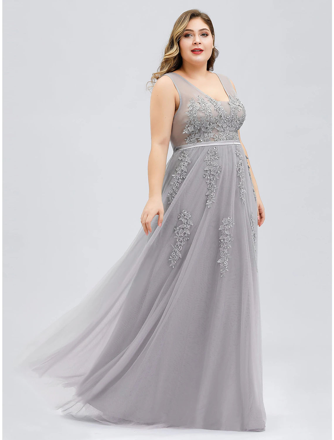 Wholesale A-Line Prom Dresses Plus Size Dress Prom Floor Length Sleeveless V Neck Tulle V Back with Beading Appliques