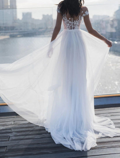 Wholesa Beach Sexy Wedding Dresses A-Line Off Shoulder Sleeveless Sweep / Brush Train Chiffon Bridal Gowns With Split Front