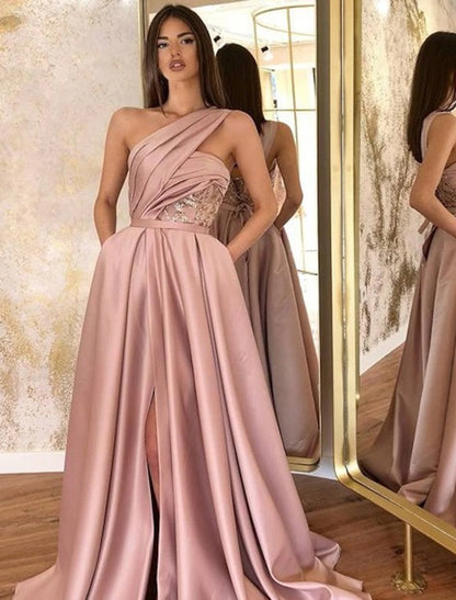 Wholesa A-Line Evening Gown Celebrity Style Dress Formal Wedding Guest Floor Length Sleeveless One Shoulder Satin with Ruched Slit