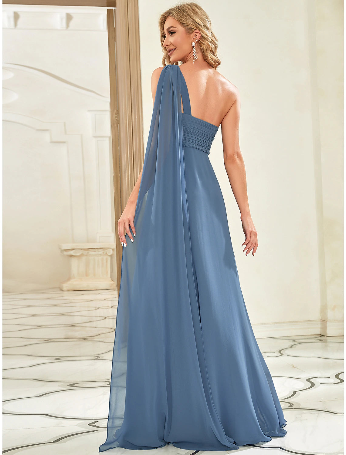 Wholesale A-Line Evening Gown Empire Dress Formal Evening Floor Length Sleeveless One Shoulder Bridesmaid Dress Chiffon Backless with Pleats Draping