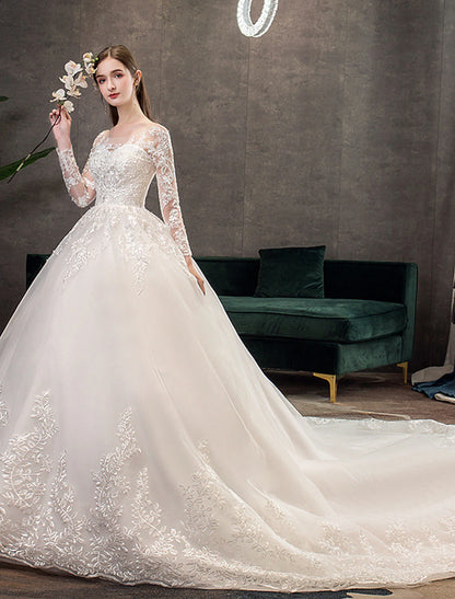 Wholesale Engagement Formal Fall Wedding Dresses Ball Gown Illusion Neck Long Sleeve Cathedral Train Lace Bridal Gowns With Pleats Appliques 2023 Summer Wedding Party