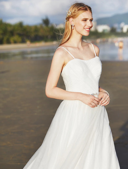 wholesale  Beach Wedding Dresses A-Line Spaghetti Strap Sleeveless Sweep / Brush Train Chiffon Bridal Gowns With Sashes / Ribbons