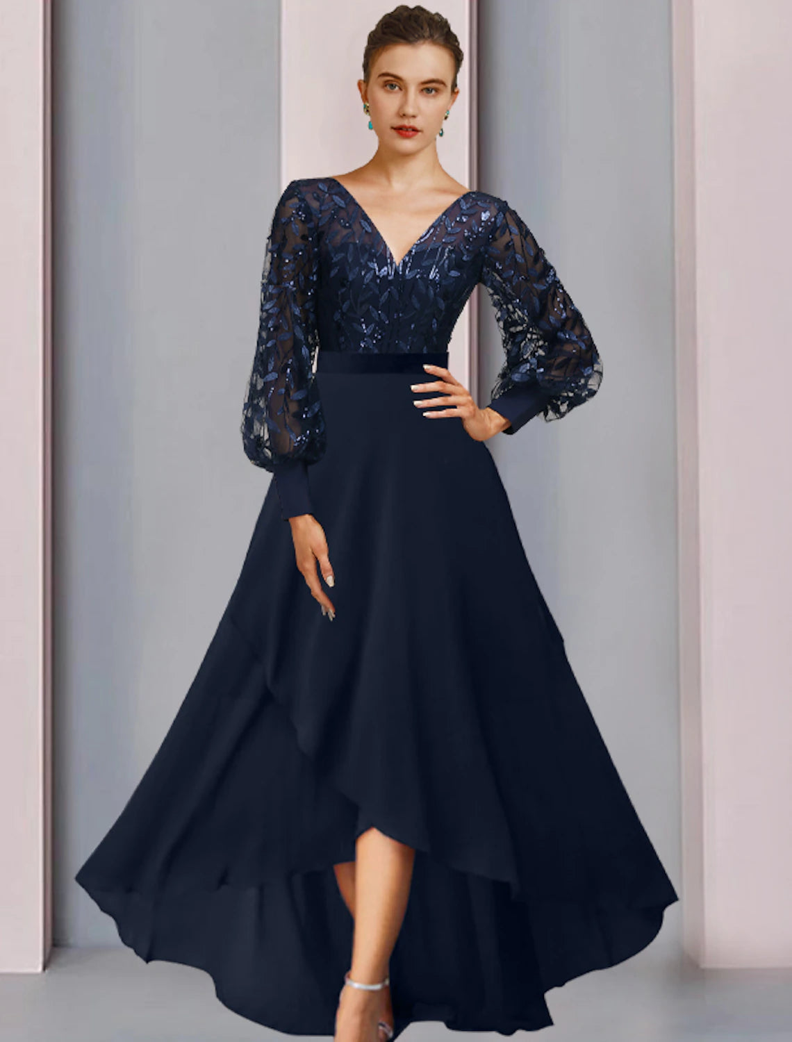 Wholesa  A-Line Mother of the Bride Dress Wedding Guest Sparkle & Shine High Low Jewel Neck Asymmetrical Tea Length Chiffon Lace Sequined Long Sleeve with Sequin Appliques Fall