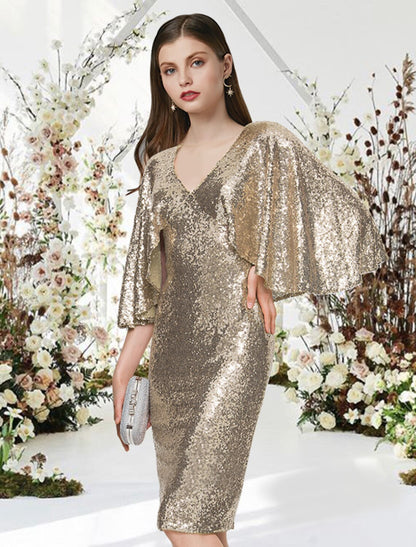 wholesale   Sheath / Column Cocktail Dresses Glittering Dress Graduation Knee Length Half Sleeve V Neck Sequined with Sleek