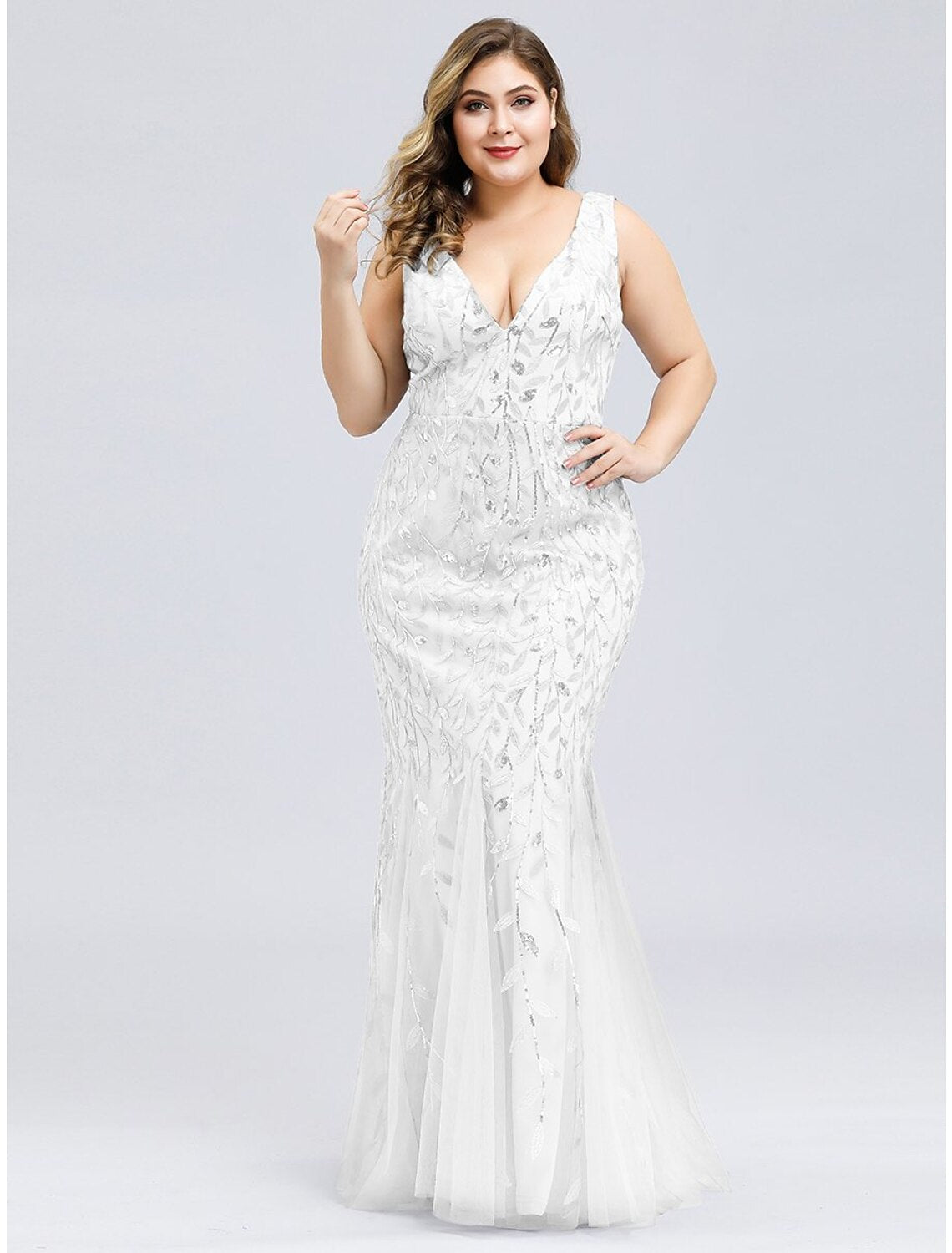 Wholesa  Mermaid / Trumpet Plus Size Sexy Prom Formal Evening Dress V Neck Sleeveless Floor Length Tulle with Appliques