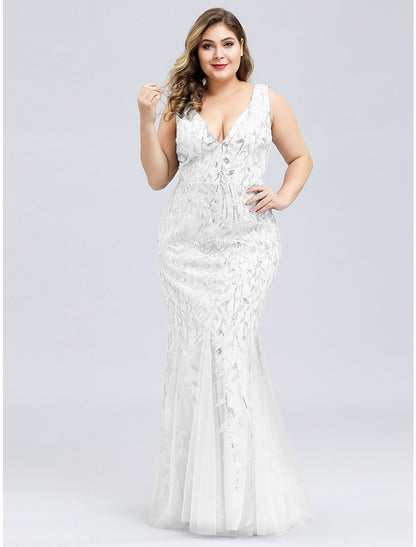 Wholesa  Mermaid / Trumpet Plus Size Sexy Prom Formal Evening Dress V Neck Sleeveless Floor Length Tulle with Appliques