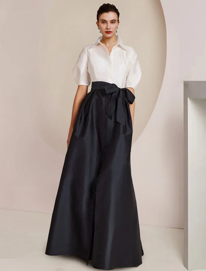 Wholesa A-Line Mother of the Bride Dress Formal Wedding Guest Party Elegant Shirt Collar Floor Length Taffeta Short Sleeve with Bow(s) Color Block