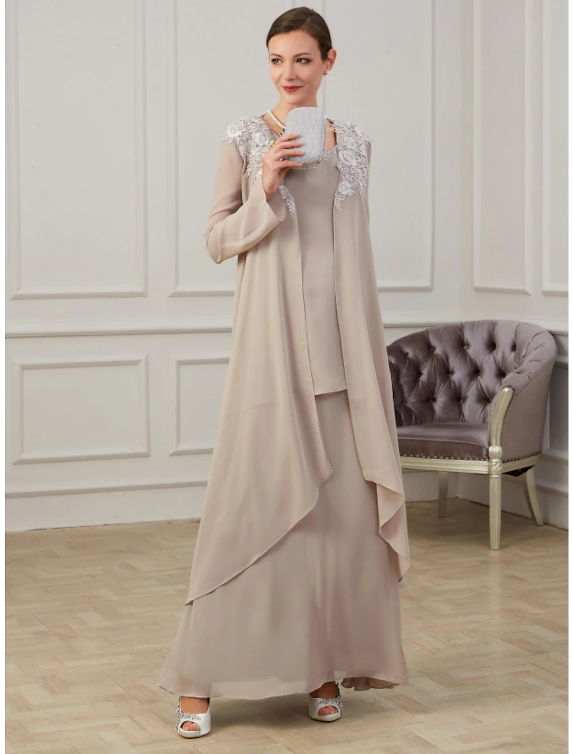 Wholesa  A-Line Mother of the Bride Dress Wedding Guest Elegant Jewel Neck Floor Length Chiffon Long Sleeve Jacket Dresses with Appliques Fall