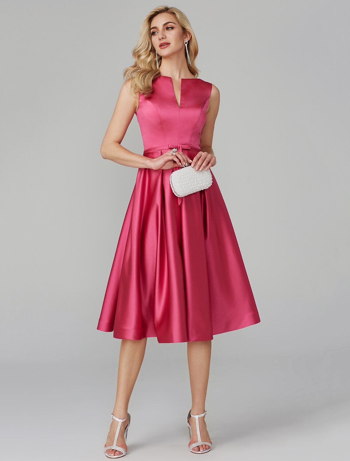 Wholesa A-Line Party Dress Wedding Guest Cocktail Party Knee Length Sleeveless V Wire Pink Dress Satin with Sash / Ribbon