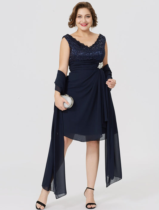 Wholesa A-Line Mother of the Bride Dress Classic & Timeless Plus Size Wrap Included V Neck Knee Length Chiffon Lace Sleeveless yes with Ruched Crystal Brooch