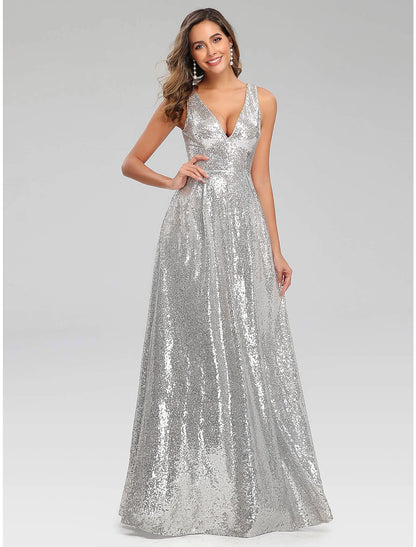 wholesale  A-Line Prom Dresses Sparkle Dress Wedding Guest Floor Length Sleeveless V Neck Polyester V Back with Sequin