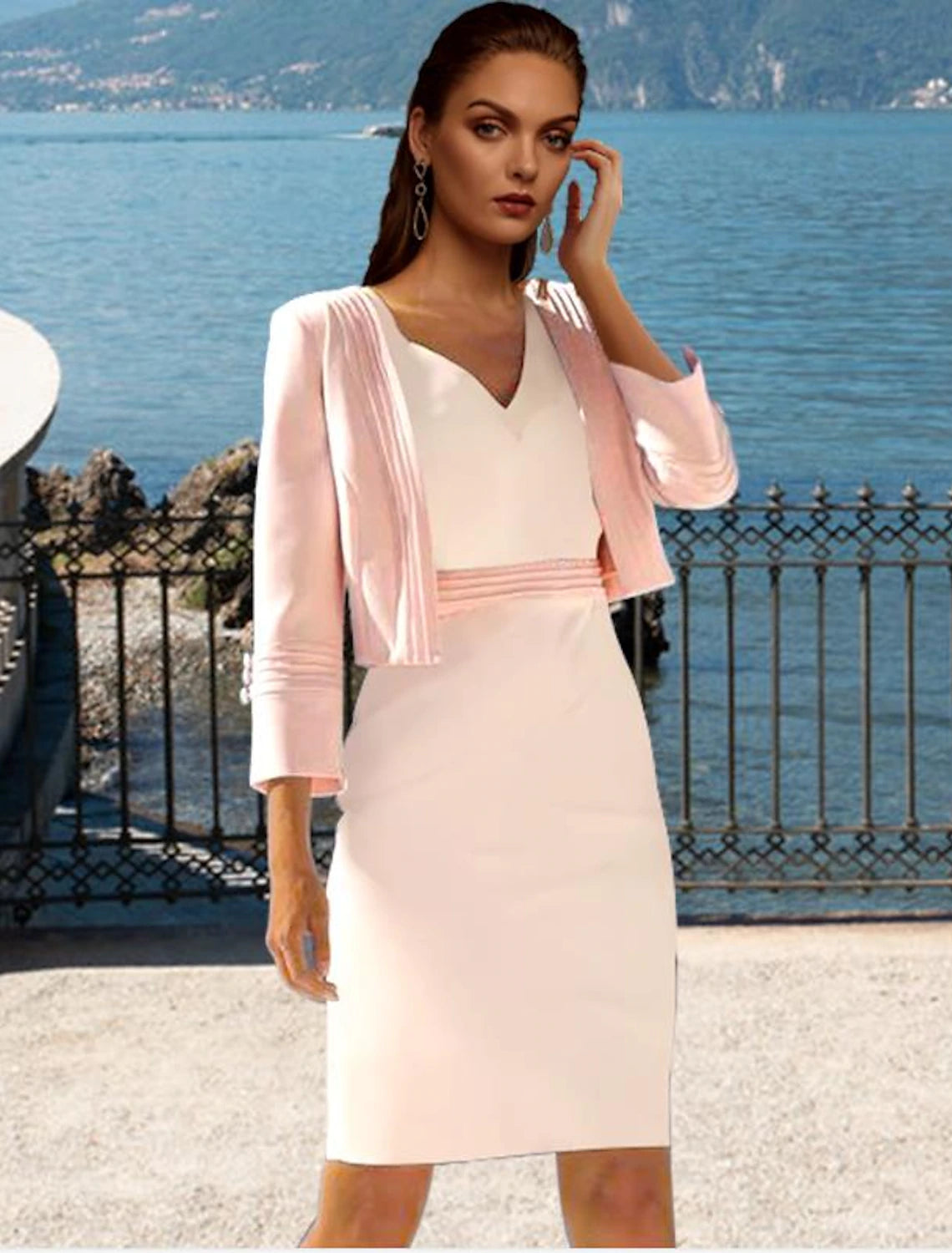 Wholesa Two Piece Sheath / Column Mother of the Bride Dress Elegant V Neck Knee Length Stretch Chiffon Short Sleeve Short Jacket Dresses with Pleats Color Block