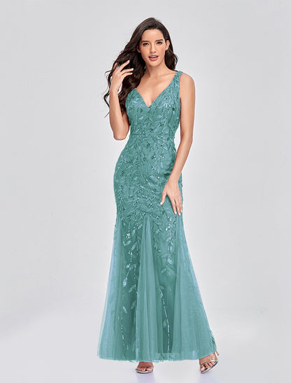 Wholesale Mermaid / Trumpet Empire Elegant Party Wear Formal Evening Valentine's Day Dress V Neck V Back Sleeveless Floor Length Tulle with Embroidery