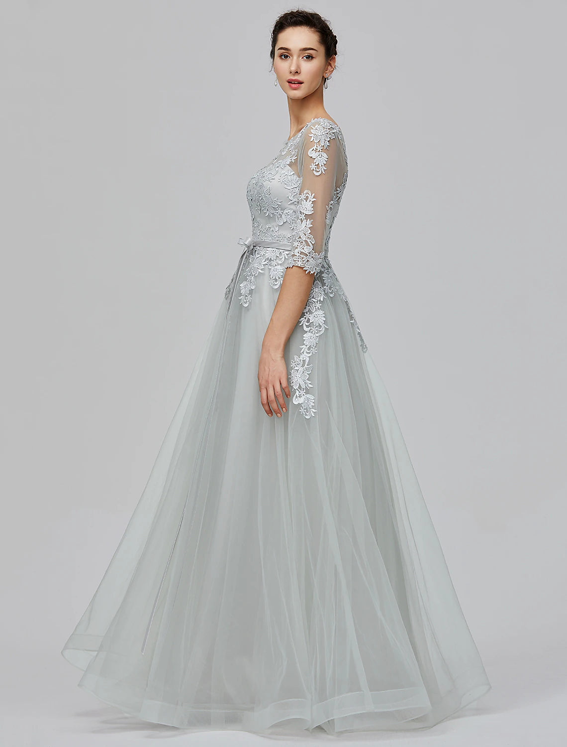 wholesale A-Line Empire Dress Wedding Guest Floor Length Half Sleeve Illusion Neck Tulle with Bow(s) Appliques