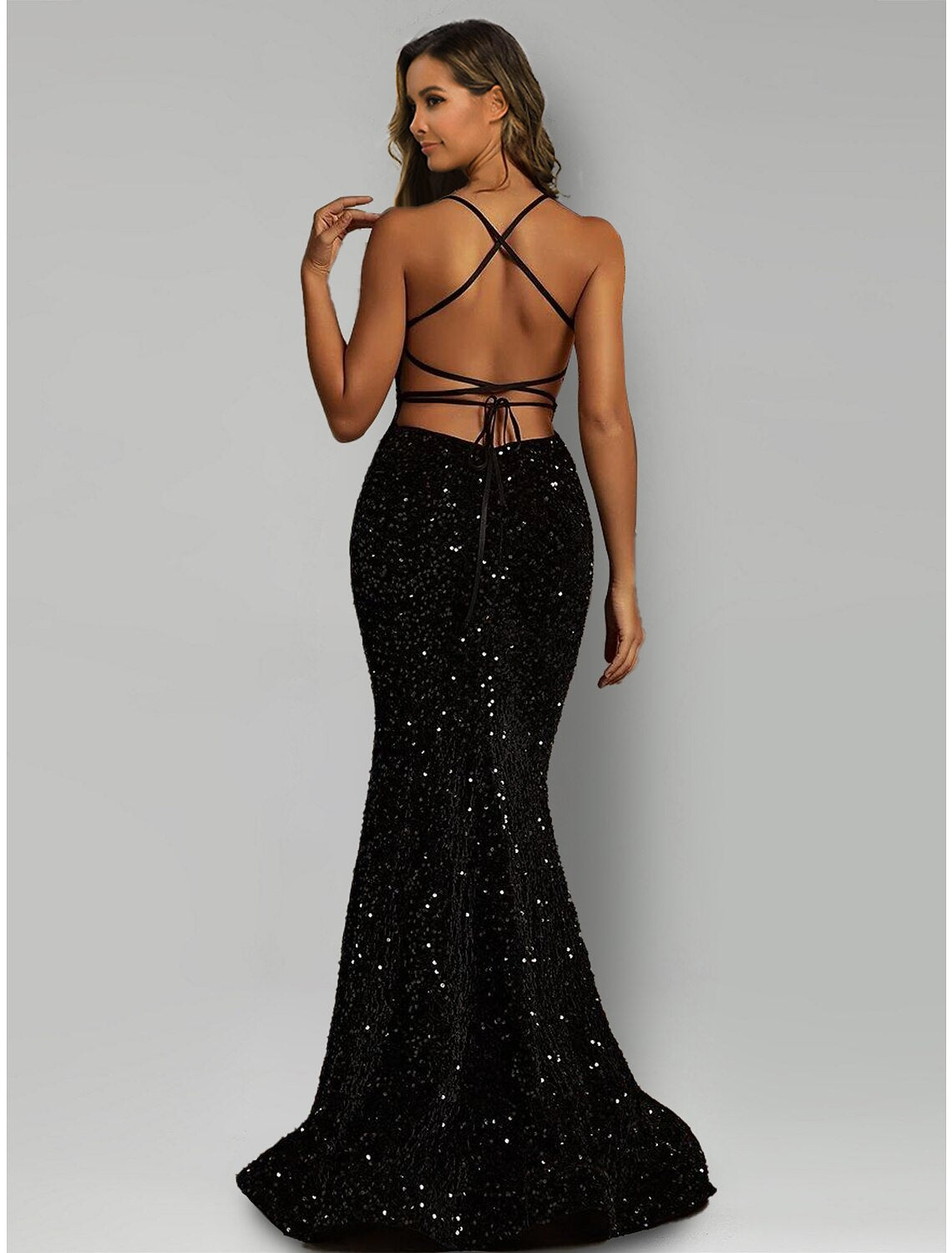 wholesale Mermaid / Trumpet Evening Gown Black Dress Formal Sweep / Brush Train Sleeveless Halter Sequined with Sequin