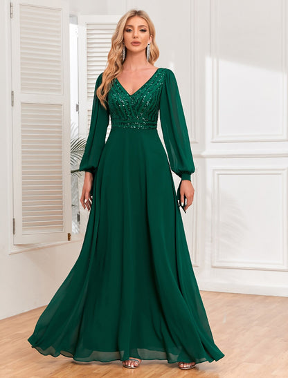 Wholesa A-Line Evening Gown Empire Dress Evening Party Wedding Reception Floor Length Long Sleeve V Neck Fall Wedding Guest Chiffon V Back with Sequin