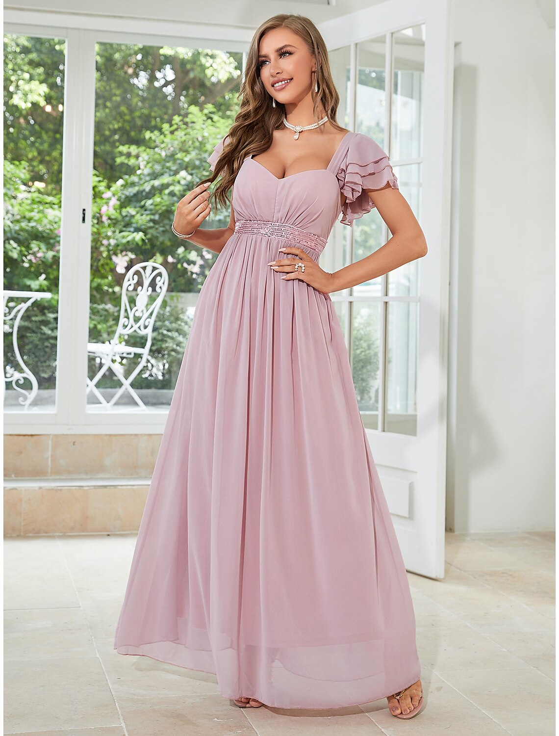 wholesale   A-Line Wedding Guest Dresses Elegant Dress Party Wear Floor Length Short Sleeve Square Neck Chiffon with Ruffles