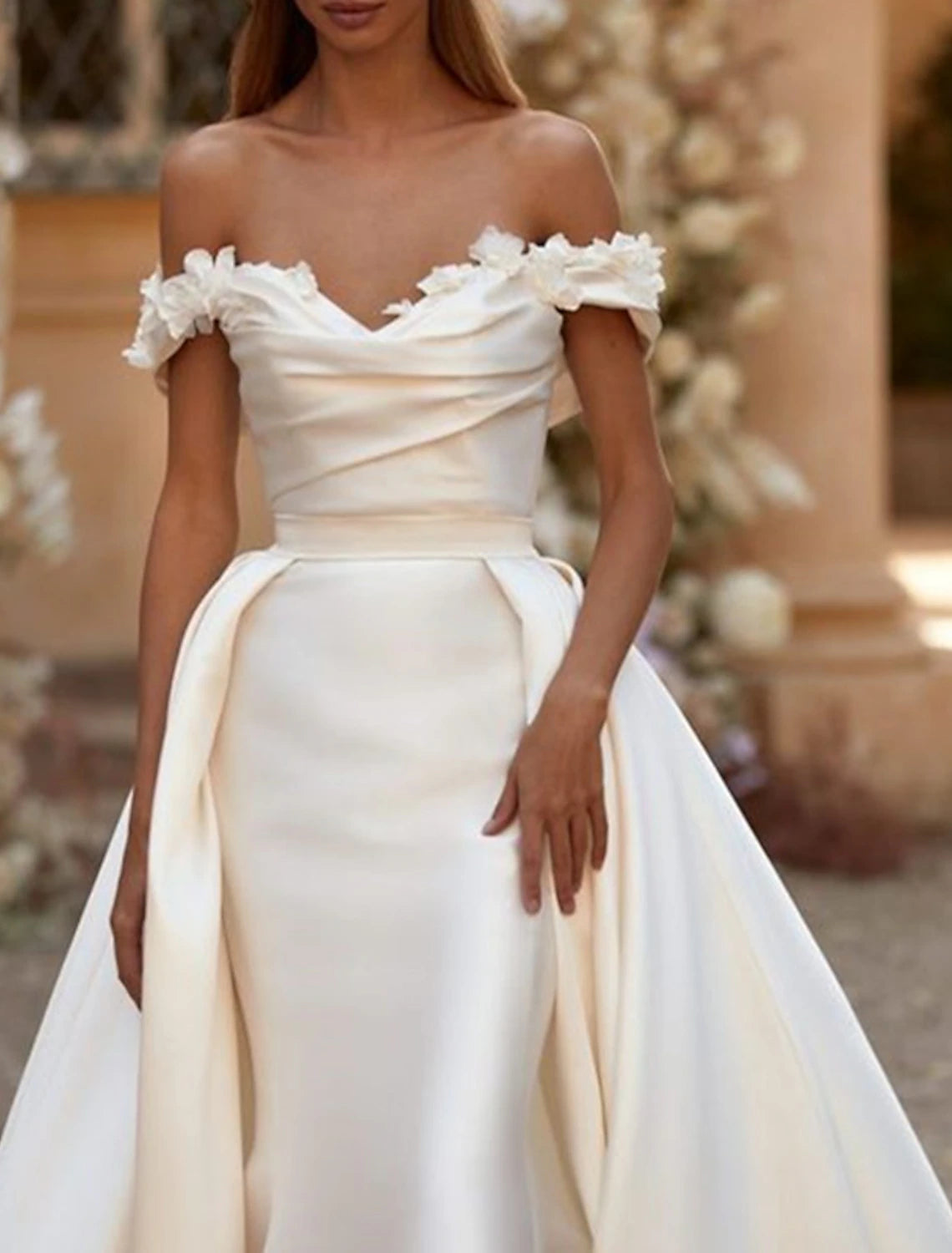 Wholesa Engagement Formal Wedding Dresses Sheath / Column Off Shoulder Cap Sleeve Court Train Satin Bridal Gowns With Ruched Solid Color