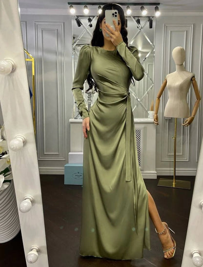 Wholesa Sheath Party Dress Evening Gown Elegant Dress Wedding Guest Fall Floor Length Long Sleeve High Neck Bridesmaid Dress Satin with Ruched