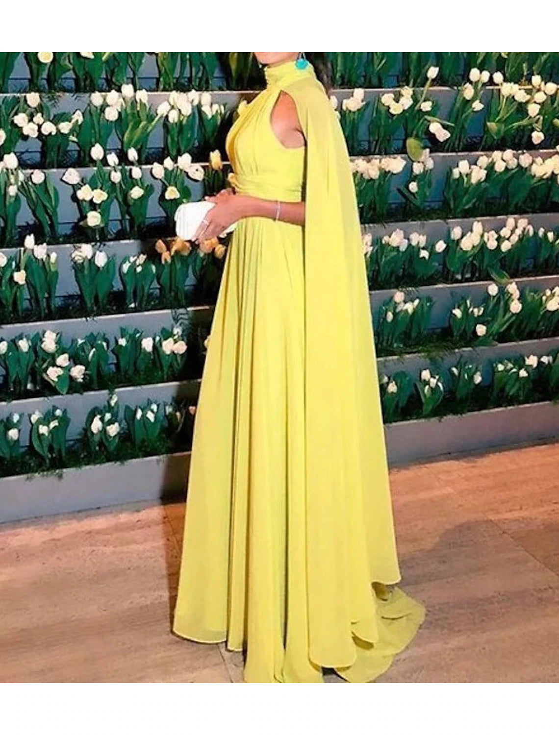 Wholesa A-Line Evening Gown Elegant Dress Formal Wedding Guest Floor Length Sleeveless High Neck Capes Chiffon with Ruched